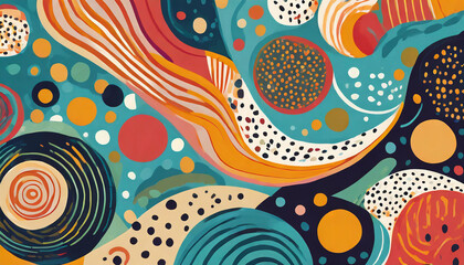 abstract pattern with bold, colorful shapes and playful motifs using flat colors elements like...