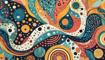 abstract pattern with bold, colorful shapes and playful motifs using flat colors elements like circles, dots, and swirls