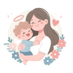 illustration of a mother hugging her baby, happy and smiling, Happy Mother's Day