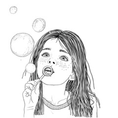 Cute Girl with freckles blows bubbles.  Coloring book page for adult. Black and white. Doodle. Line art.