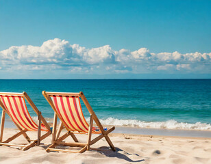 Beach deck chair on a sandy beach by the sea. Summer mood. Space to copy