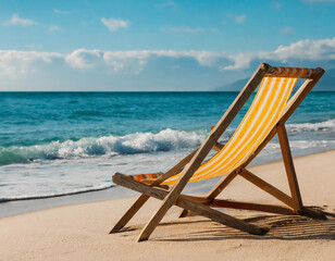 Beach deck chair on a sandy beach by the sea. Summer mood. Space to copy