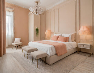 Bedroom in pastel tone peach fuzz color trend 2024 year panton furniture and accents pillows. Modern luxury room interior home or hotel design. Empty beige paint wall for art.