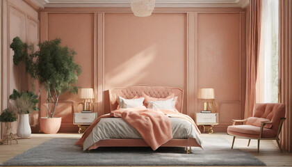 Bedroom in pastel tone peach fuzz color trend 2024 year panton furniture and background. Modern luxury room interior home design. Empty painting wall for art or wallpaper, pictures, art. 3d - obrazy, fototapety, plakaty