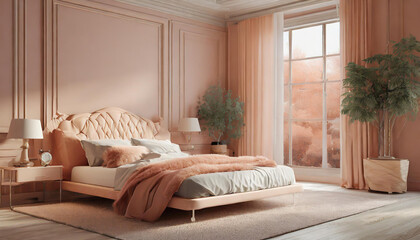 Bedroom in pastel tone peach fuzz color trend 2024 year panton furniture and background. Modern luxury room interior home design. Empty painting wall for art or wallpaper, pictures, art. 3d