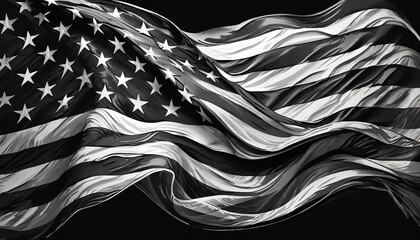 black and white american flag waving on a black background