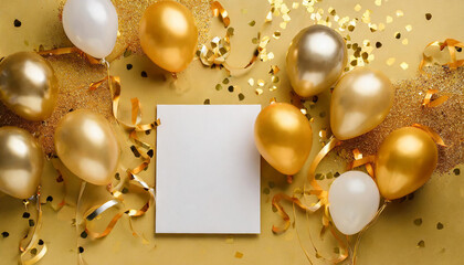 Fototapeta na wymiar Blank birthday invitation card with balloons and golden confetti top view on yellow background flat lay