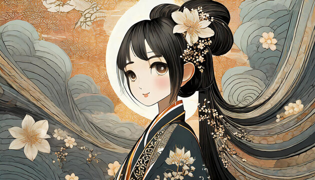 Beautiful Japanese traditional girl with long black hair, abstract art illustration