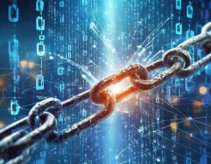 broken chain breaking the blockchain on a blue background with binary code and symbols of a network security concept