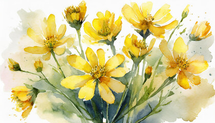 bunch of yellow flowers painted in watercolor on a white background, each with a single stem of the same flower