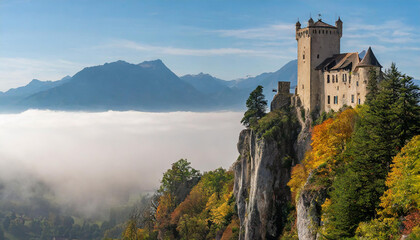 castle on a cliff, surrounded by trees in fog, with mountains in the distance - Powered by Adobe