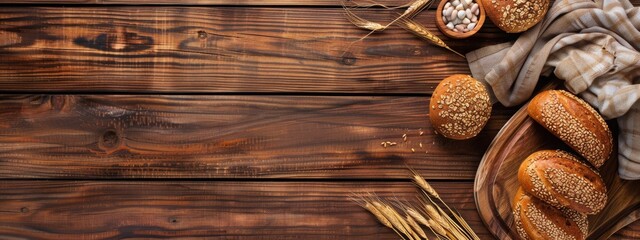 Rustic Bakery Concept: Freshly Baked Bread and Wheat Grains on Natural Wooden Surface
