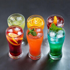 Collection top view of glasses with Soda colorful drinks menu isolated on background, mocktail or cocktail for refreshing.