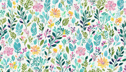 Colorful pastel cute tiny spring flowers and leaves pattern, white background, cute pastel colors