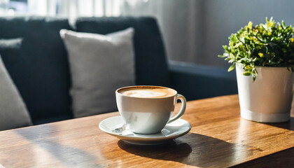 cup of coffee sitting on top of a wooden table next to a couch and a potted plant on top of a wooden table.