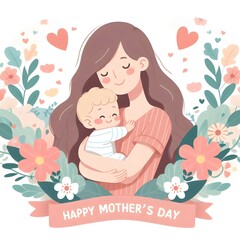 illustration of a mother hugging her baby, happy and smiling, Happy Mother's Day