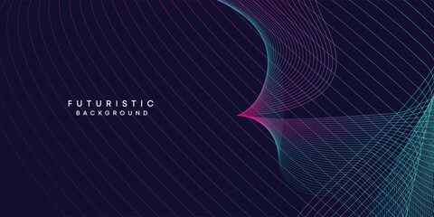 Abstract dark blue digital future technology geometric flowing line background. Purple-navy blue-green gradient smooth wave lines web banner background for cover, flyer, card, header, poster, slide