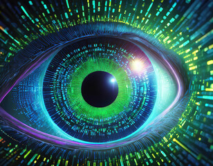 Digital eye with binary code, closeup view of an iris in the center of which is a black hole or wormhole The background has blue and green neon lights