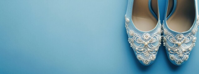 Elegant Blue Wedding Shoes Adorned with Delicate Pearls and Lace Detailing - obrazy, fototapety, plakaty