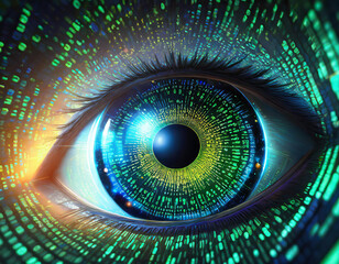 Digital eye with binary code, closeup view of an iris in the center of which is a black hole or wormhole The background has blue and green neon lights