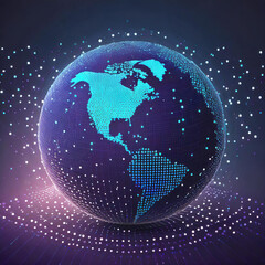 Fototapeta premium Digital technology background with blue gradient and digital world globe made of dots on dark purple background, data transfer concept