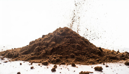 Dirt flying, soil pile scattered isolated on white background