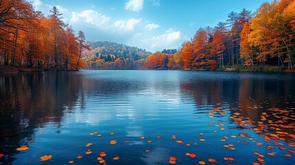 Serene autumn lake surrounded by vibrant fall foliage under a clear blue sky