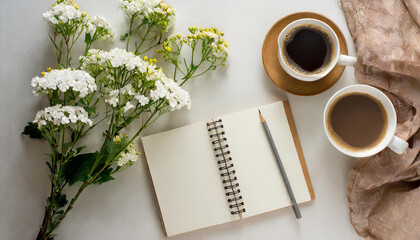 Flat lay with copy space of empty notebook on the table and flowers and a cup of coffee on a light background