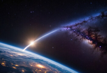 Fototapeta premium Rocket spaceship shuttle launch with bright space nebula sky with bright rocket trail of fire and smoke
