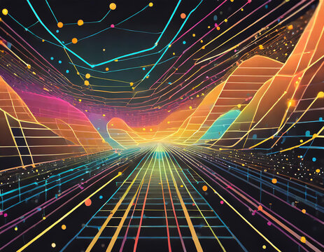 flat background with colorful lines and dots on black, simple geometric shapes forming an illuminated subway map pattern