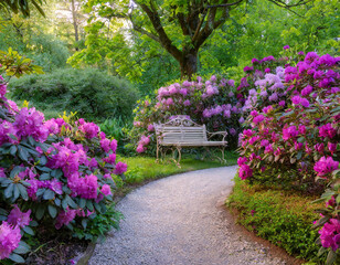Fototapeta premium Garden with rhododendron bushes in full bloom, a winding path leading to a bench surrounded in the style of large shrubs of purple and pink flowers, a white gravel walkway