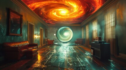 Historic vinyl record player in a surreal orange room with flowing light reflections