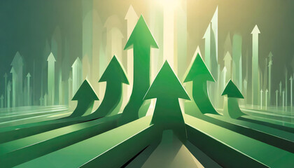 green arrows pointing upwards, symbolizing growth and progress in business or public The sunlight creates a soft glow on the scene