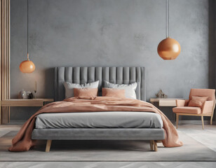 gray wall empty background for art. Modern premium cozy room interior home or hotel design. Apricot crush stylish accents bed. 3d render