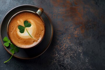 Cup of coffee with latte art in the shape of a heart and green clover leaves on a dark background, for the concept of St Patrick's Day, a banner design for a social media post or template
