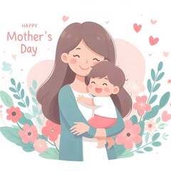 illustration of a mother hugging her baby, happy and smiling, Happy Mother's Day