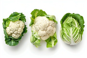 three heads of cauliflower and lettuce on a white background