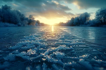 Foto op Canvas The crackling of ice as it forms on the surface of a frozen lake, creating intricate patterns of frost. Concept of winter's chill and crystalline beauty. Generative Ai. © Sebastian
