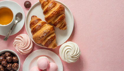 Kitchen pastry, confectionery and sweets on a pink background. Top view. Copy space.