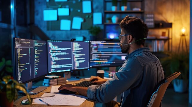 A software developer works on code late into the night, illuminated by the glow of multiple computer screens in a modern office. AIG41