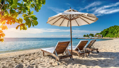 lounge chairs on the beach. beach chair and umbrella, vacation background