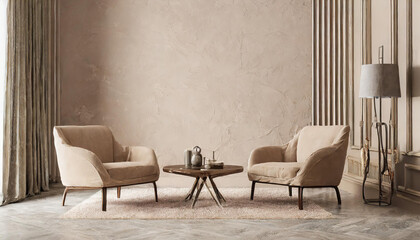 Luxury living room with armchairs and table. Accent empty wall with decorative plaster stucco. Warm beige taupe interior design. Mockup art. 3d rendering