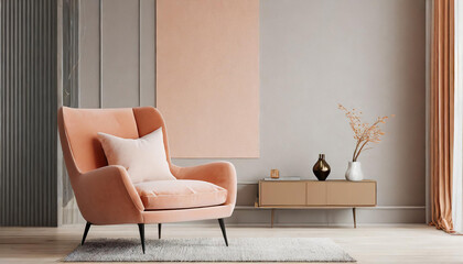 luxury livingroom. Painted mockup gray wall for art, peach apricot beige pastel chair color. Modern...