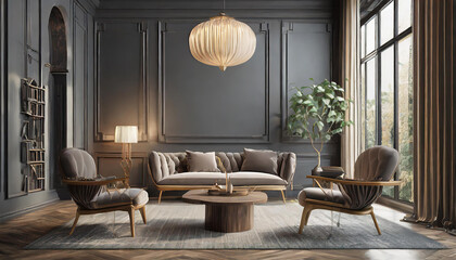 Luxury living room in dark color. Gray walls, warm ligh and lounge furniture - taupe chairs. Empty space for art or picture. Rich interior design. Mockup of a lounge room or hall reception. 3d