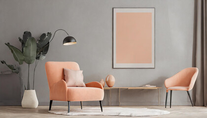 luxury livingroom. Painted mockup gray wall for art, peach apricot beige pastel chair color. Modern...