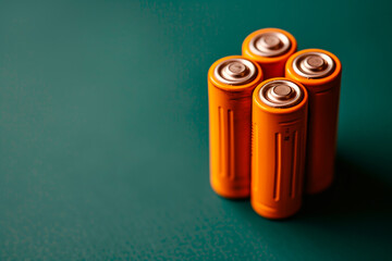 Energy Essentials: Close-Up of Four AA Batteries on Vibrant Green Background. Copy Space. - obrazy, fototapety, plakaty