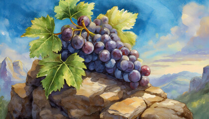 painting of a bunch of grapes on top of a rocky outcrop with a blue sky in the background.