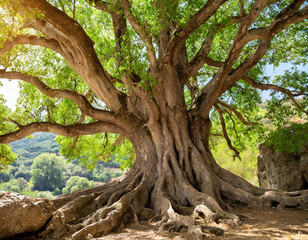 panoramic photo of an ancient tree with thick roots and a wide crown, lush green leaves in a forest landscape with natural light