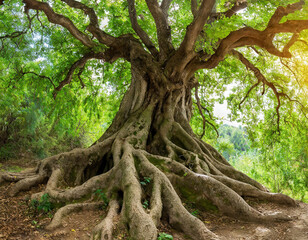 panoramic photo of an ancient tree with thick roots and a wide crown, lush green leaves in a forest landscape with natural light