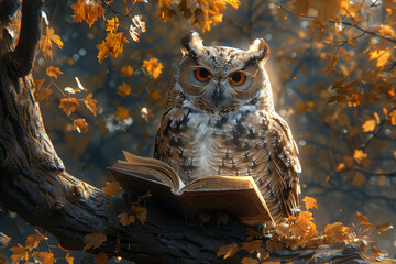 A wise owl perched on a branch, wearing glasses and reading a book under the shade of a tree in a...